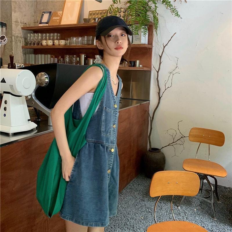 Women's Summer Design Denim Back Dress V Neck Do Old Sleeveless Loose A-line Dresses