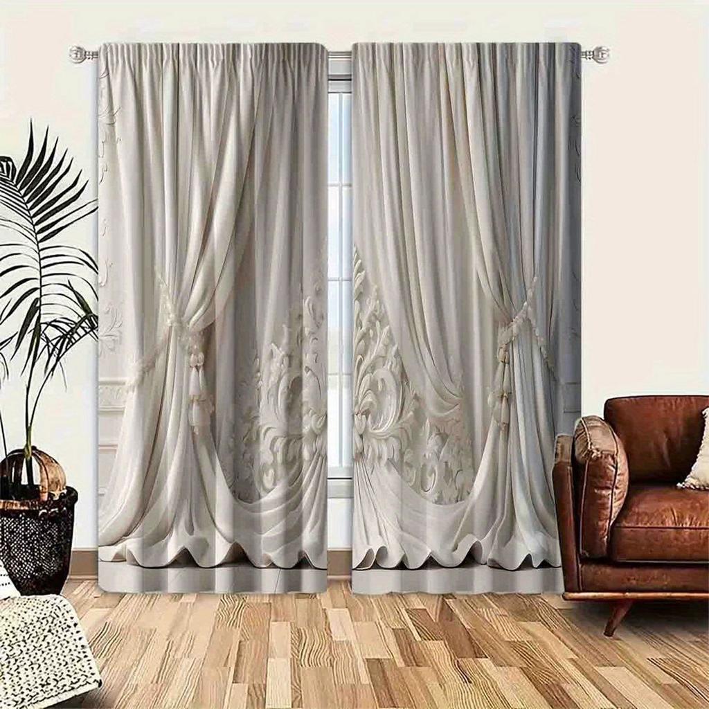 2PCS 3D white curtain art curtain, pole bag polyester material design, bedroom, home decoration