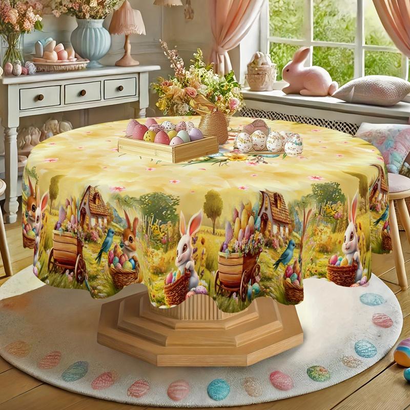 Rustic Easter Tablecloth Bunny Eggs Table Cover Farmhouse Easter Decorations for Home Kitchen Dining Spring Garden Tablecloth