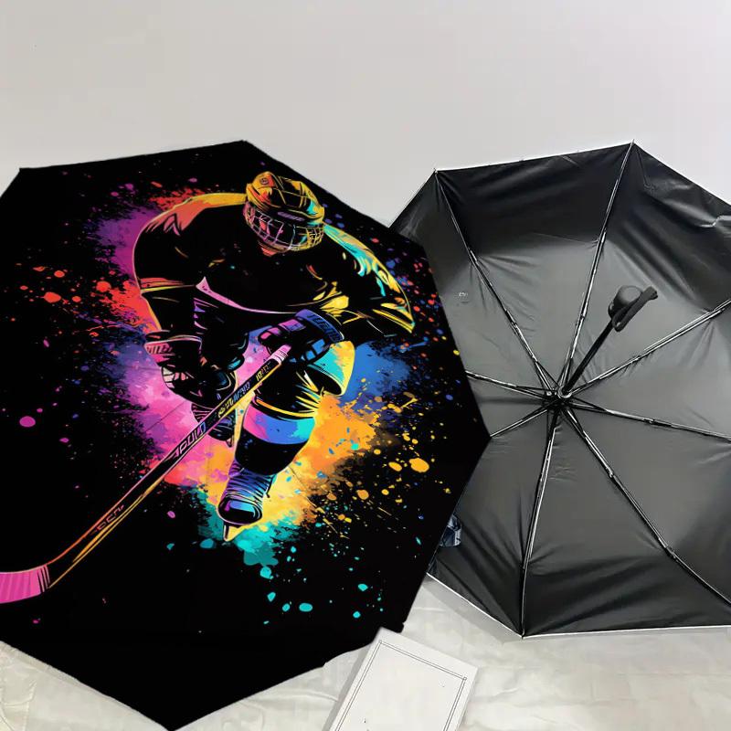 1PZ Ombrello Pieghevole Automatico Piccolo da Viaggio con Motivo Giocatore di Hockey, Ombrello Compatto Antivento, Apertura/Chiusura Automatica, Regalo-091575