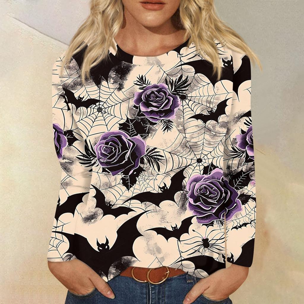 Modisches, lässiges Langarm-Oberteil mit Rundhalsausschnitt und Halloween-Print für Damen