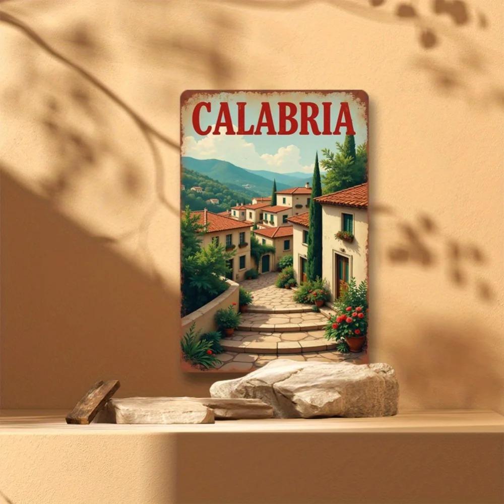 Retro Calabria Italy Metal Sign 2D Rustic Wall Art with Scenic Italian Town Design