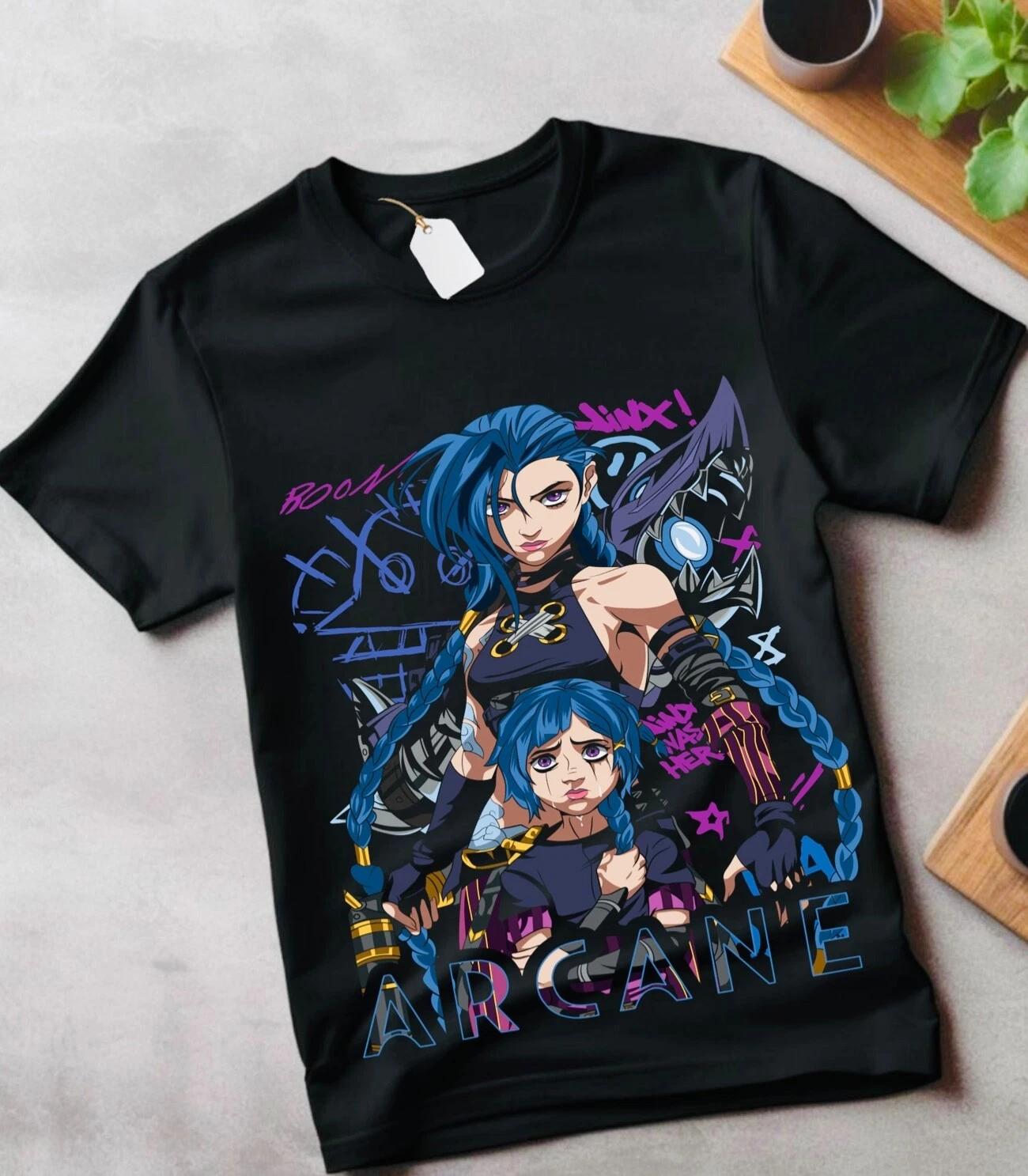 Футболка Jinx Arcane Японское Аниме Мультфильм Jinx Arcane Графическая Футболка Все Размеры 4XL