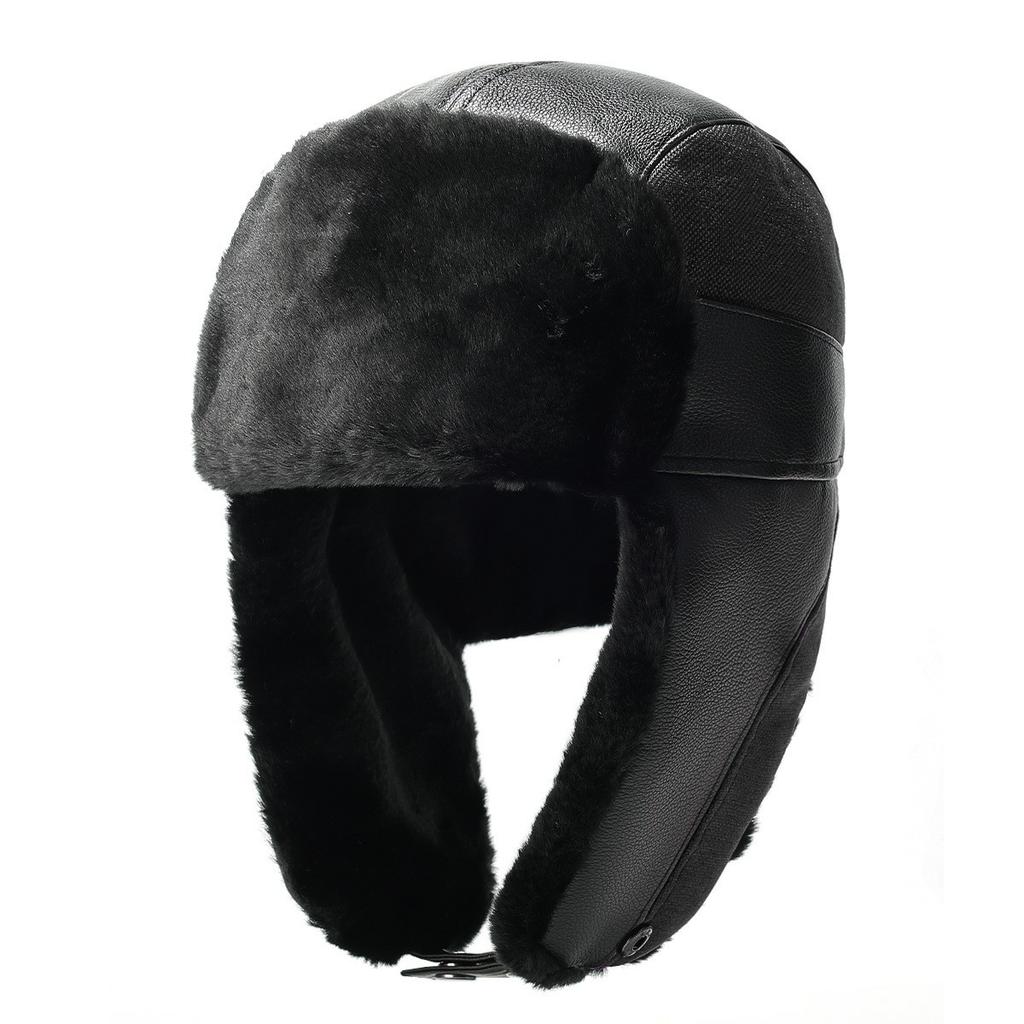 Winter PU Trapper Hat Outdoor Windproof Ski Cap Ear Flap Protection Thickened Fleece Lined Warm Hat