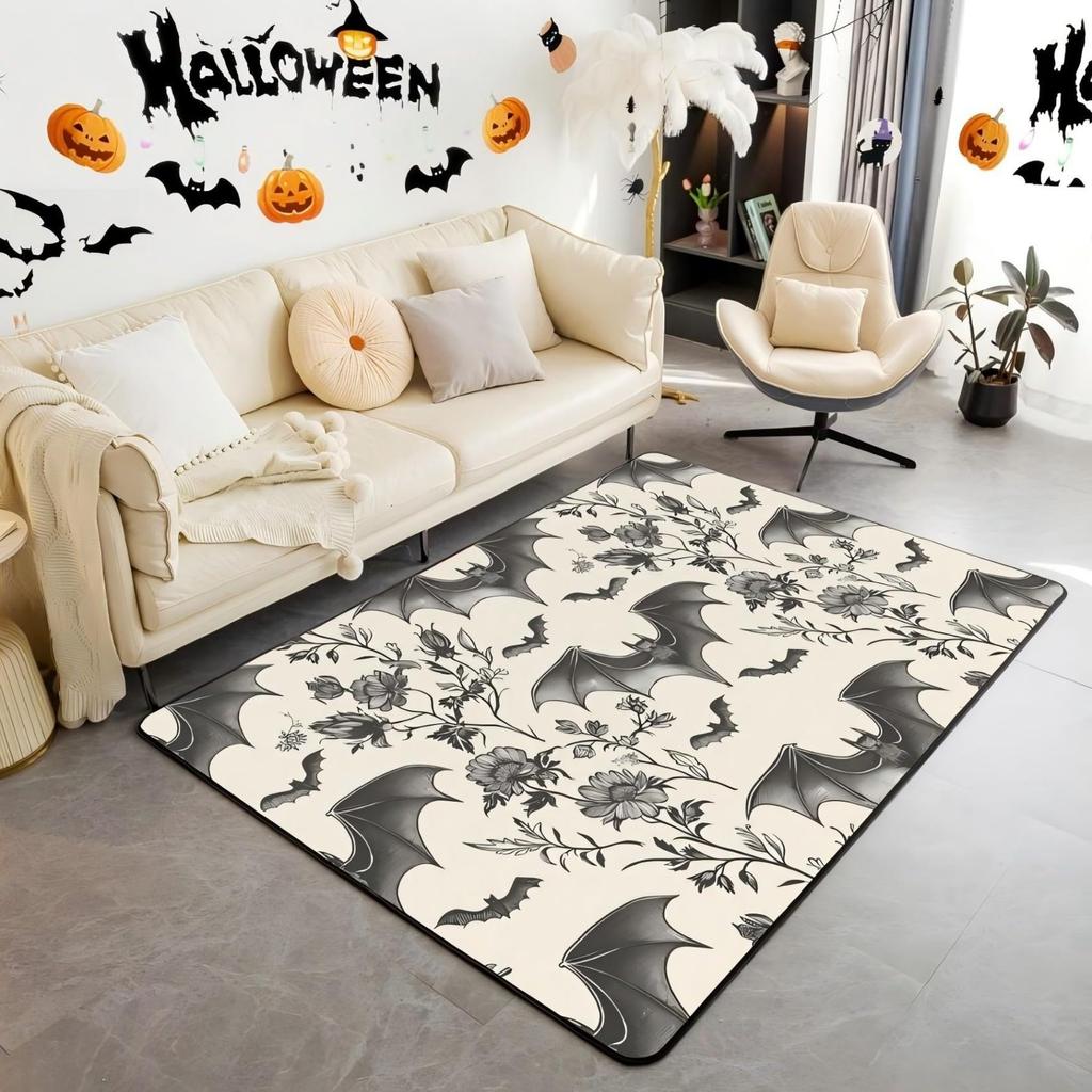 Halloween Bats Area Rug 3x5, Boho Vintage Floral Rugs for Living Room Gothic Damask Washable Rug, Antique Decor Goth Silhouette Dark Shadows