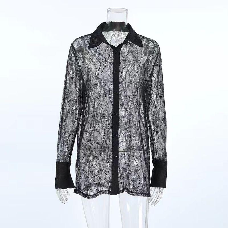 

Fashion Summer Cut Out Sexy See-through Lapel Lace Shirt Sexy Lace Perspective Shirt Black S