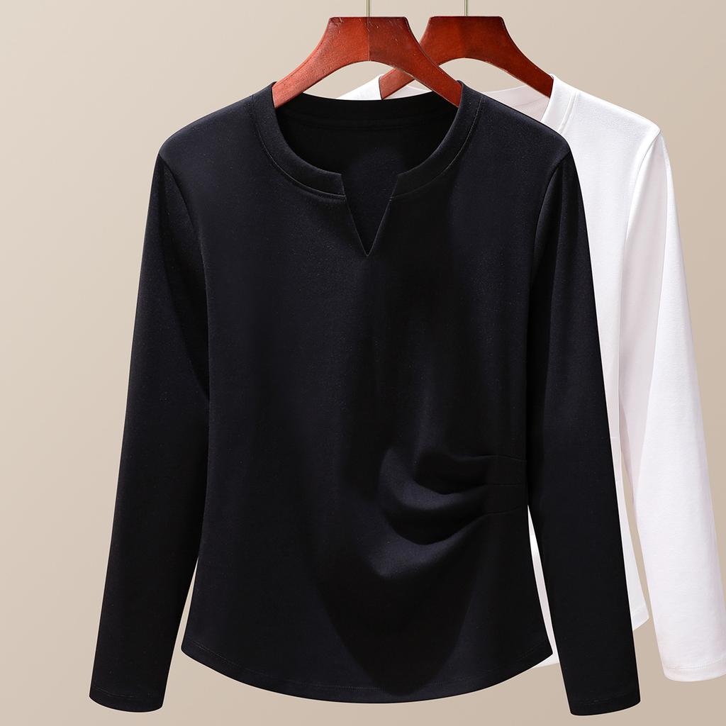 Design sense small solid color long-sleeved women's clothing autumn clothing new niche pleated slim-fit bottoming shirt top