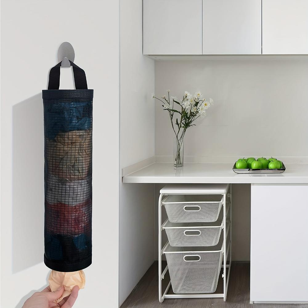 Foldable Mesh Grocery Bag Rack, Breathable Plastic Bag Dispenser, Kitchen Garbage Bag Storage Box with Hanging Storage