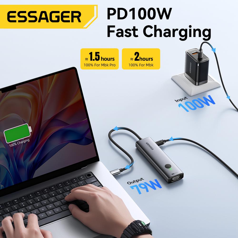 Essager USB C HUB 4K 7-in-1 Type C to HDMI PD 100W SD&TF USB 3.0 5Gbps Multiport Adapter for MacBook Laptop iPad Phone Splitter
