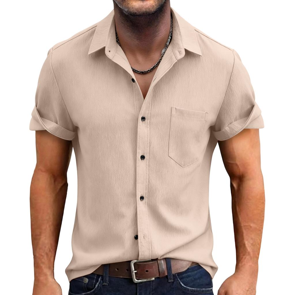 Herren Casual Einfarbige Baumwolle Leinen Kurzarm Hemd Button-Down Kragen Leicht Atmungsaktiv Urlaubs Sport Hemd für Herren