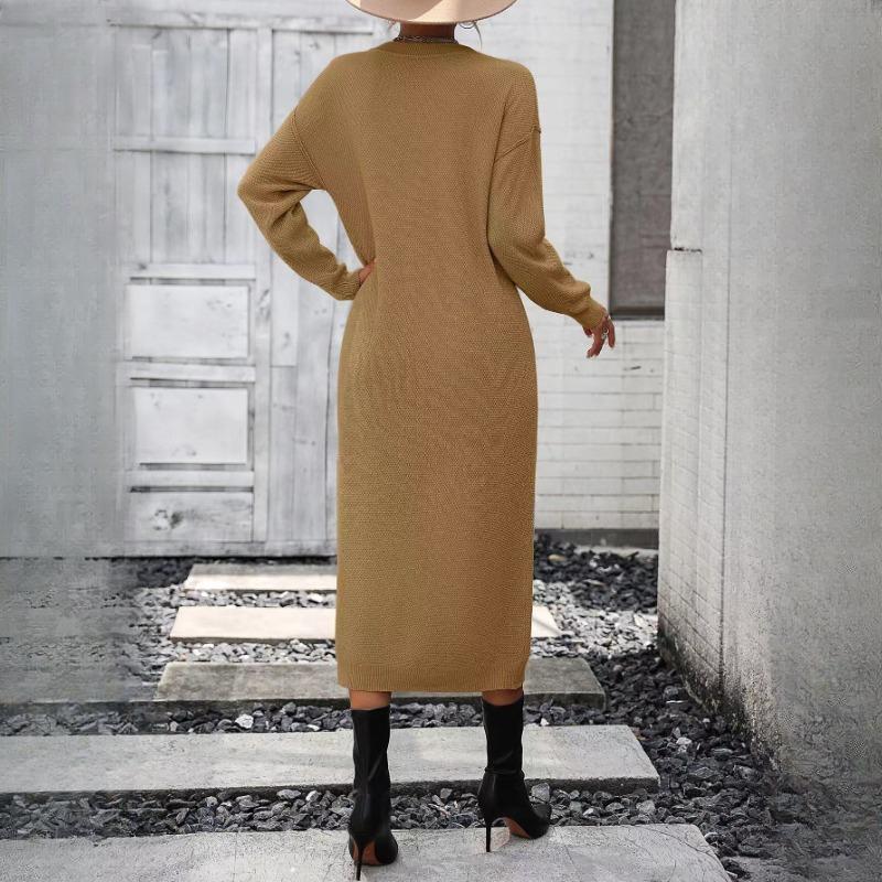 IHUASU Podzimní a zimní knoflíkové pletené šaty Módní Temperament Commuter Dámský svetr