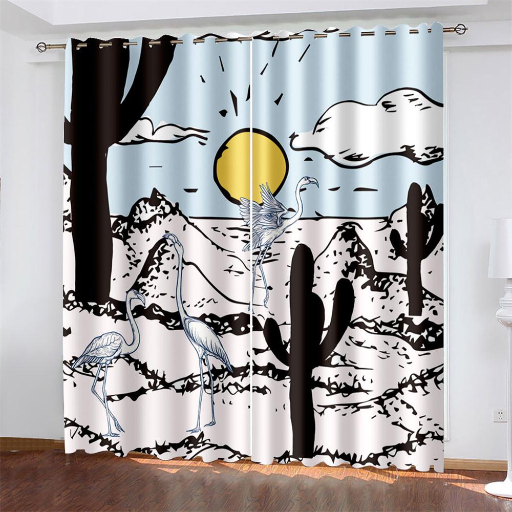 Artistic Flamingo Printing Woven Curtains Bedroom Blackout Curtains Two Separate Curtains On The Left and Right