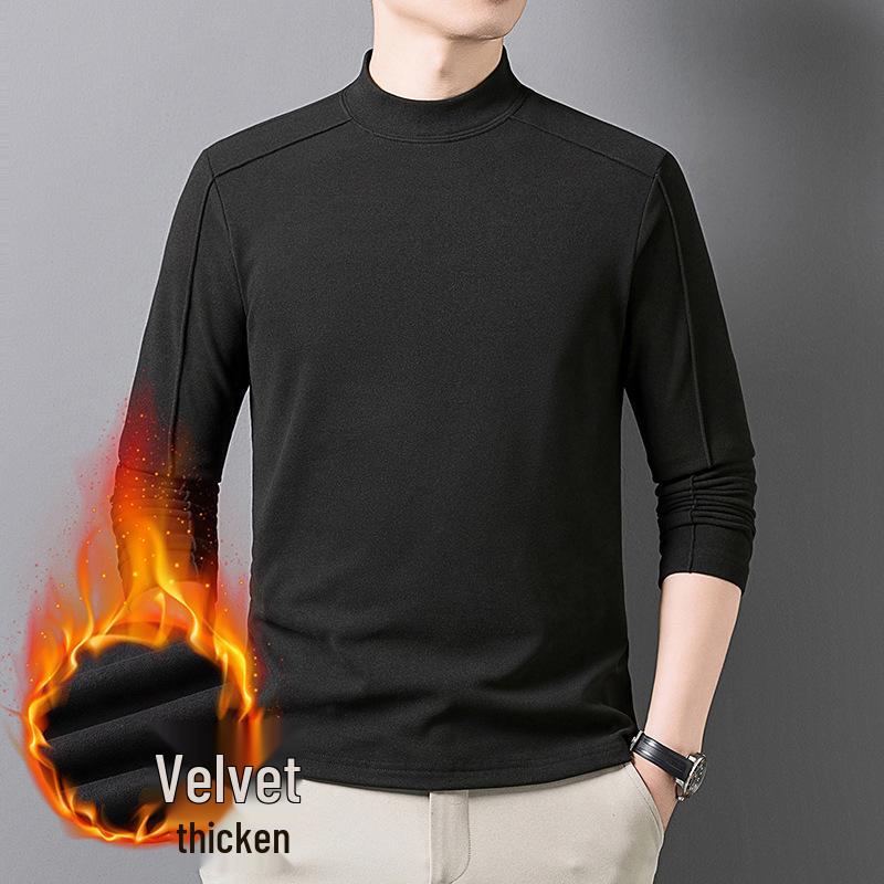 Men's Warm Self-Heating Fleece Hoodie - New Style, Half-High Collar, Long Sleeve, Skin-Friendly, Solid Color, Versatile Base Layer.