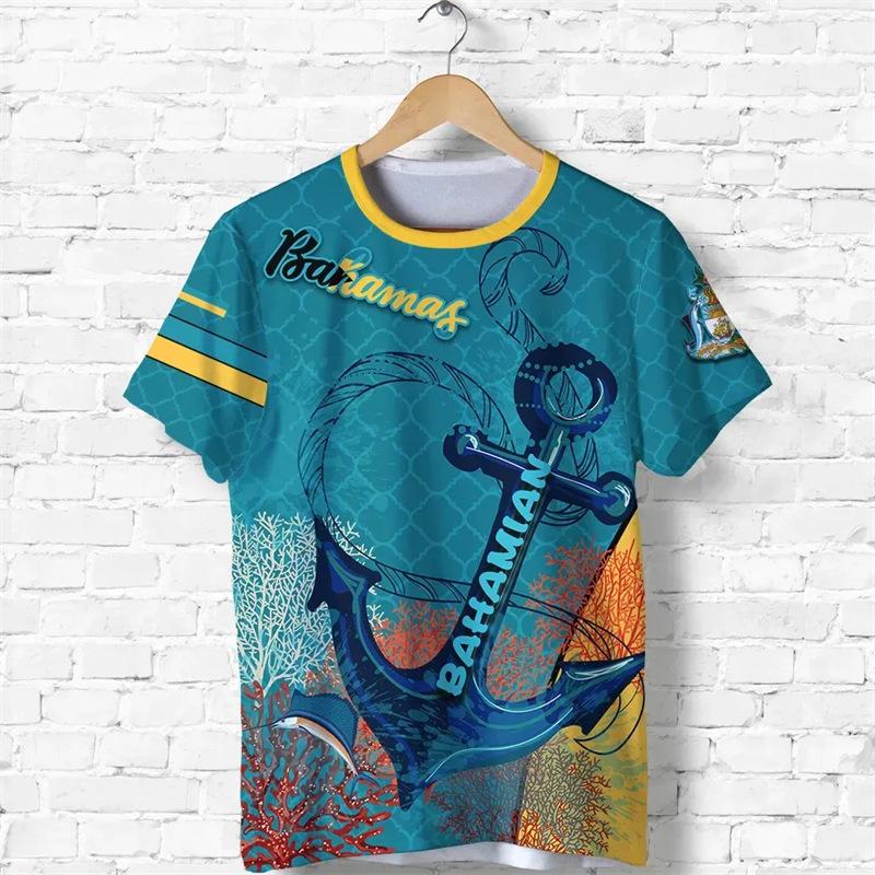 Men's 3D Printed T-Shirt Bahamas Flag and Emblem Print Short Sleeve O-Neck Pullover Casual Breathable Quick Drying Sports Top