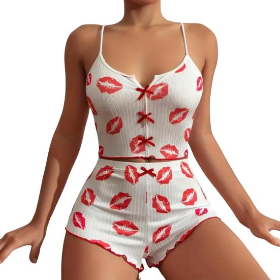 2 Pezzi/Set Pigiama Estivo da Donna Completo Stampa Farfalla Cuore Senza Maniche Schiena Scoperta Cop