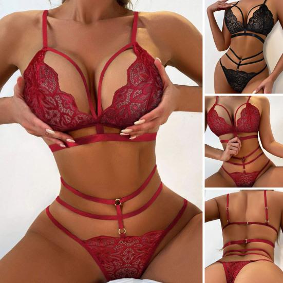 

2 шт. / Комплект Сексуальный полый прозрачный кружевной комплект нижнего белья Бюстгальтер с высокой талией Комплект трусов Многослойные бретели Однотонный ультратонкий комплект нижнего белья