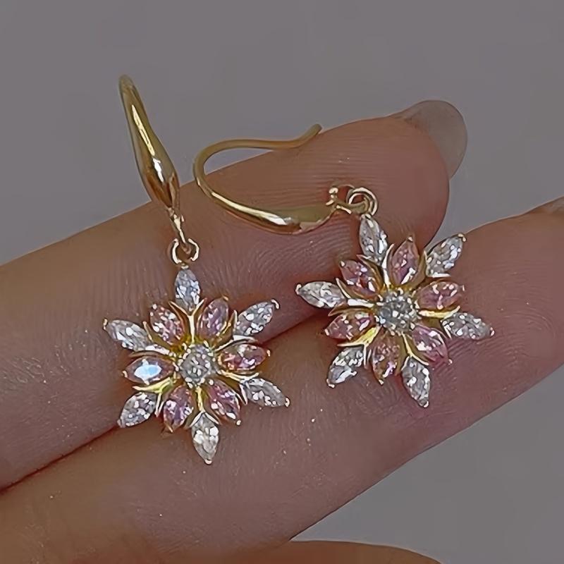 1 Pair Pink Glass Snowflake Drop Earrings -Christmas Gifts, Golden-Tone Zinc Alloy with Copper Hooks for Daily Wear & Parties
