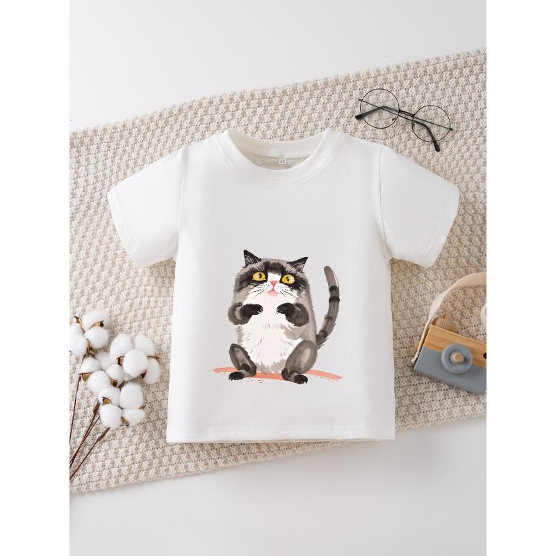 

European sizes Cute Owl Print Cotton T-Shirt - Soft Round Neck Short Sleeve Top with Adorable Owl & Owl Face Design, Casual Attire for Kids 98cm белый