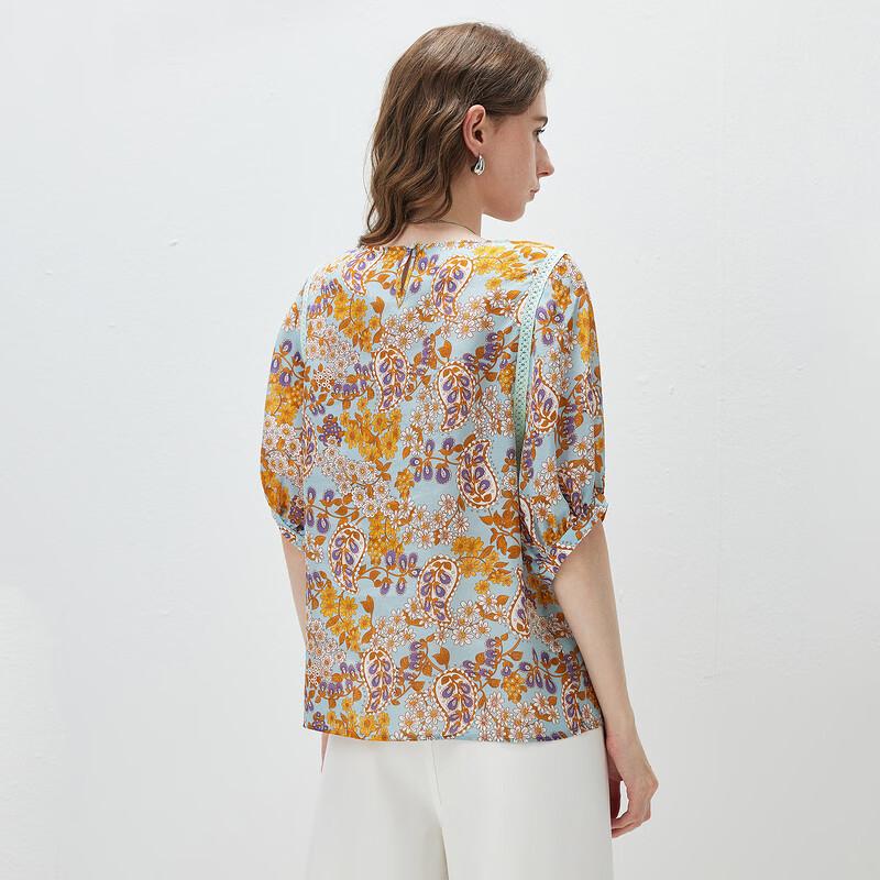 Kemengboka Women's Floral Print Silk Short-Sleeve Blouse