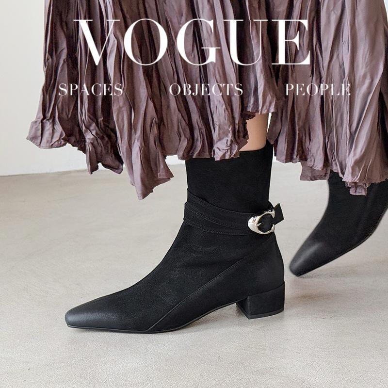 Fashion 2025 New Autumn Women Boots Women Shoes Square Toe Chunky Heel Retro Slip-on Short Boots Belt Buckle Western Modern Boots