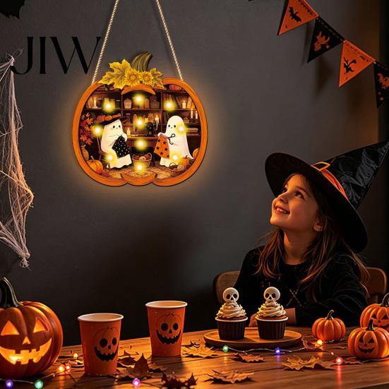 Festive Decor Halloween Door Sign, Glowing Ghost Hanging Decor, Wooden LED Window Party Decorations Ornament for Party, Spooky Wall Pendant