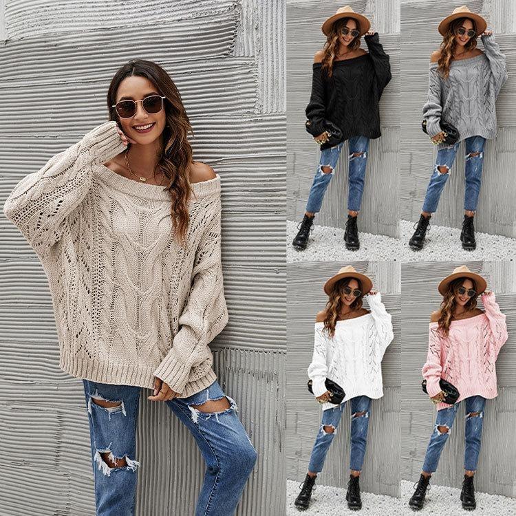 Autumn Winter Plus Size Women Strapless Loose Knit Sweater One Neck Solid Color Pullover Europe USA Style