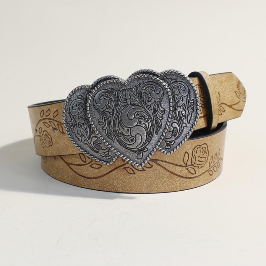 Western Bohemian Grey Belt Rose Print Three Love Buckle Personality Belt Female