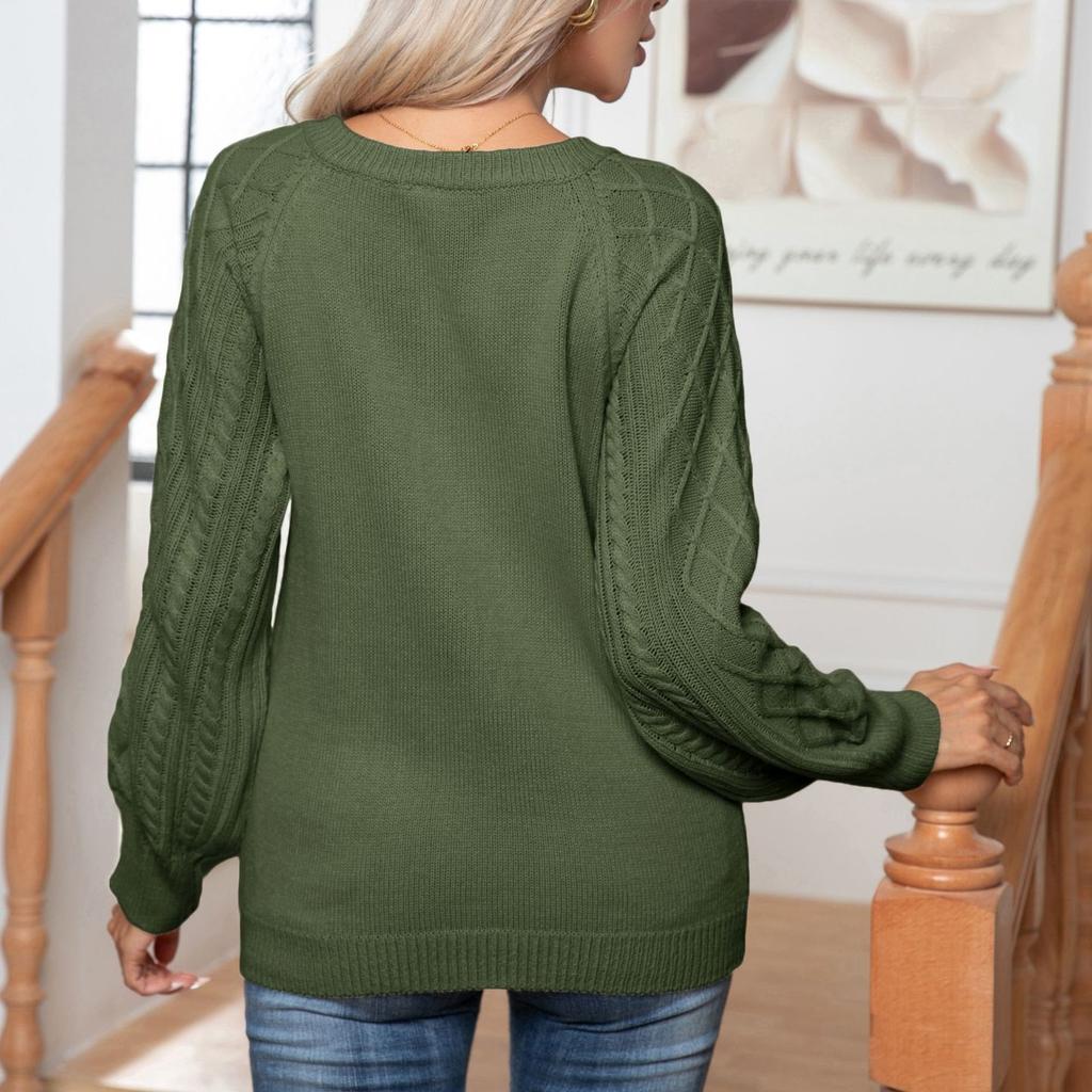 GMXIA Solid Color Print Autumn Winter O-Neck Casual Button-twisted Long Sleeve Twist Knit Pullover Sweater for Women