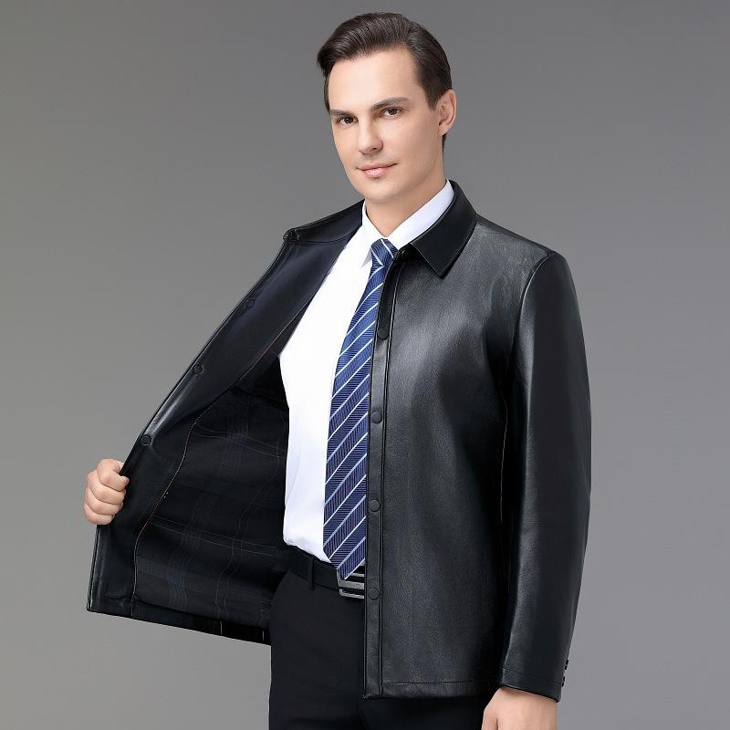 Pánská kožená bunda z pravé kůže plus sametová zateplená se stojáčkem zimní ochrana pro střední věk motorkářská kožená bunda high-end bunda