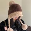 Women's Winter Cold-Resistant Hat Large Head Circumference Plush Pom-Pom Cute Earflap Ear-Covering Fleece-Lined Thickened Color-Block Knitted Hat