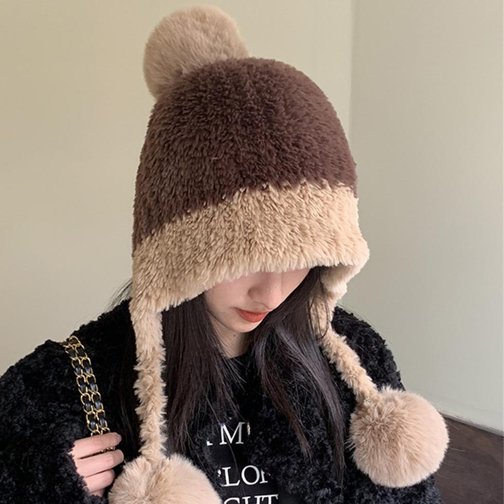 Women's Winter Cold-Resistant Hat Large Head Circumference Plush Pom-Pom Cute Earflap Ear-Covering Fleece-Lined Thickened Color-Block Knitted Hat