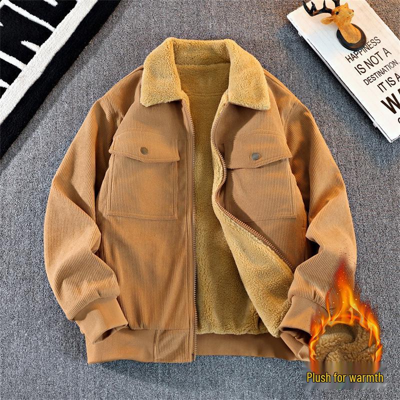 Men's Thick Corduroy Jacket with Fleece Lining - Long Sleeve Warm Cotton Outerwear