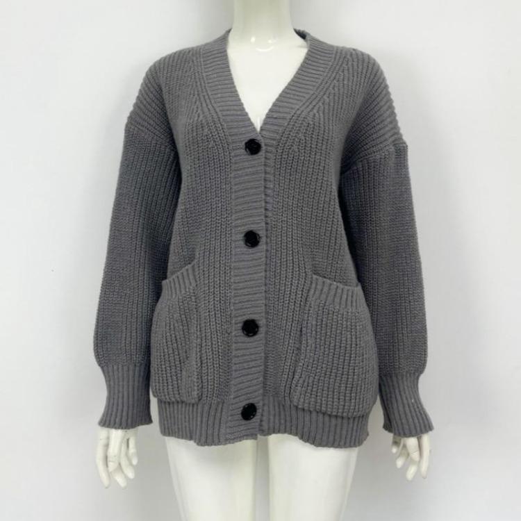 Women's V-neck Solid Color Knitted Cardigan Loose Single-breasted Sweater for Spring and Autumn