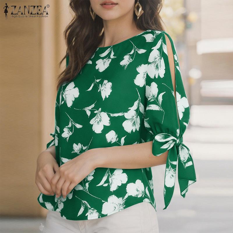 ZANZEA Women Casual Round Neck Lace-Up Half Sleeve Print Blouse