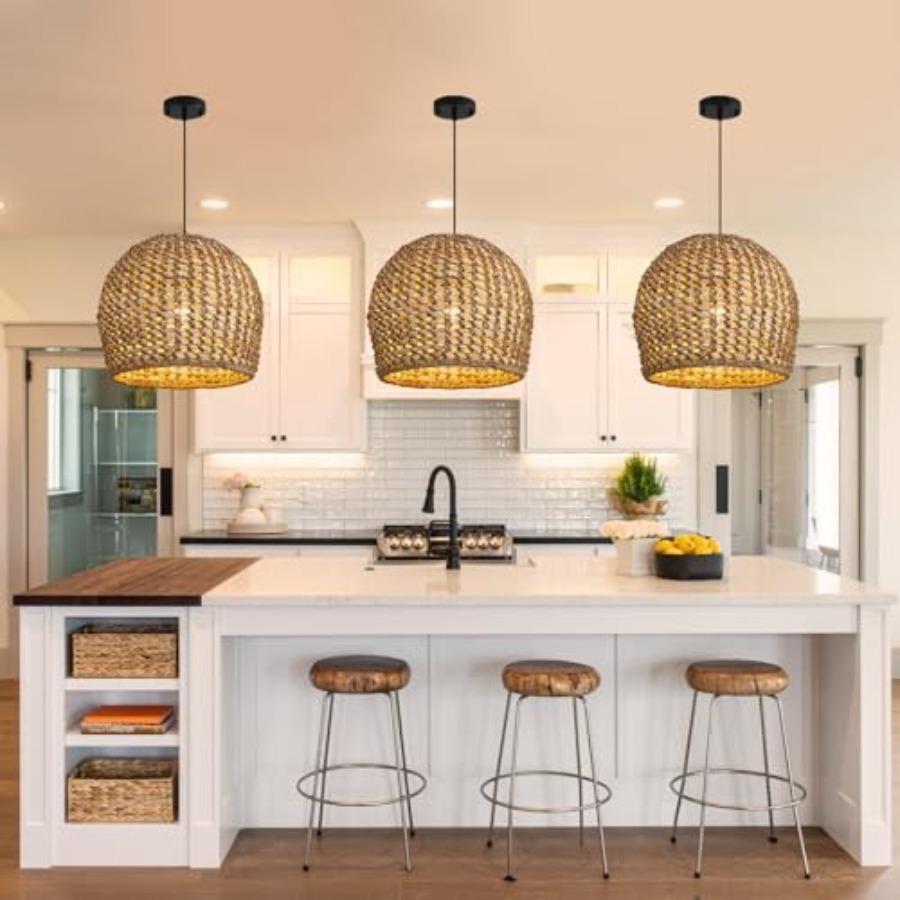 13.77 Brown Rattan Pendant Light Fixtures 1-Light Boho Seagrass Pendant Light Hand Woven Water Plants Rattan Chandelier for Din