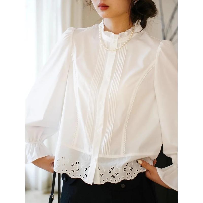 Women's French Romantic Blouse Ruffle Stand Collar Eyelet Lace Trim Flare Sleeve Vintage Cotton Shirt