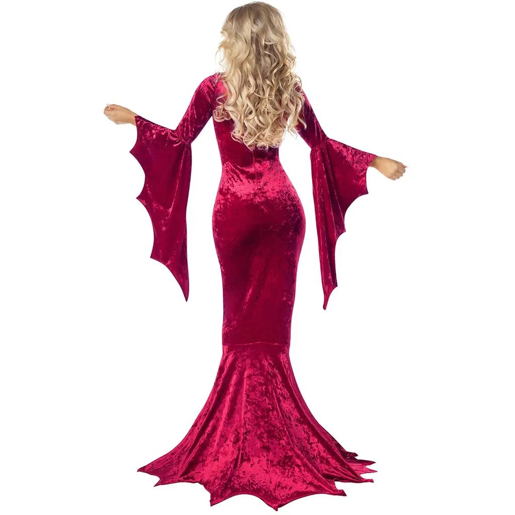 Costume Morticia Addams Long Train Dress Halloween Terror Dark Outfit Gothic Gown Robe Bat Sleeve Horror For Adult