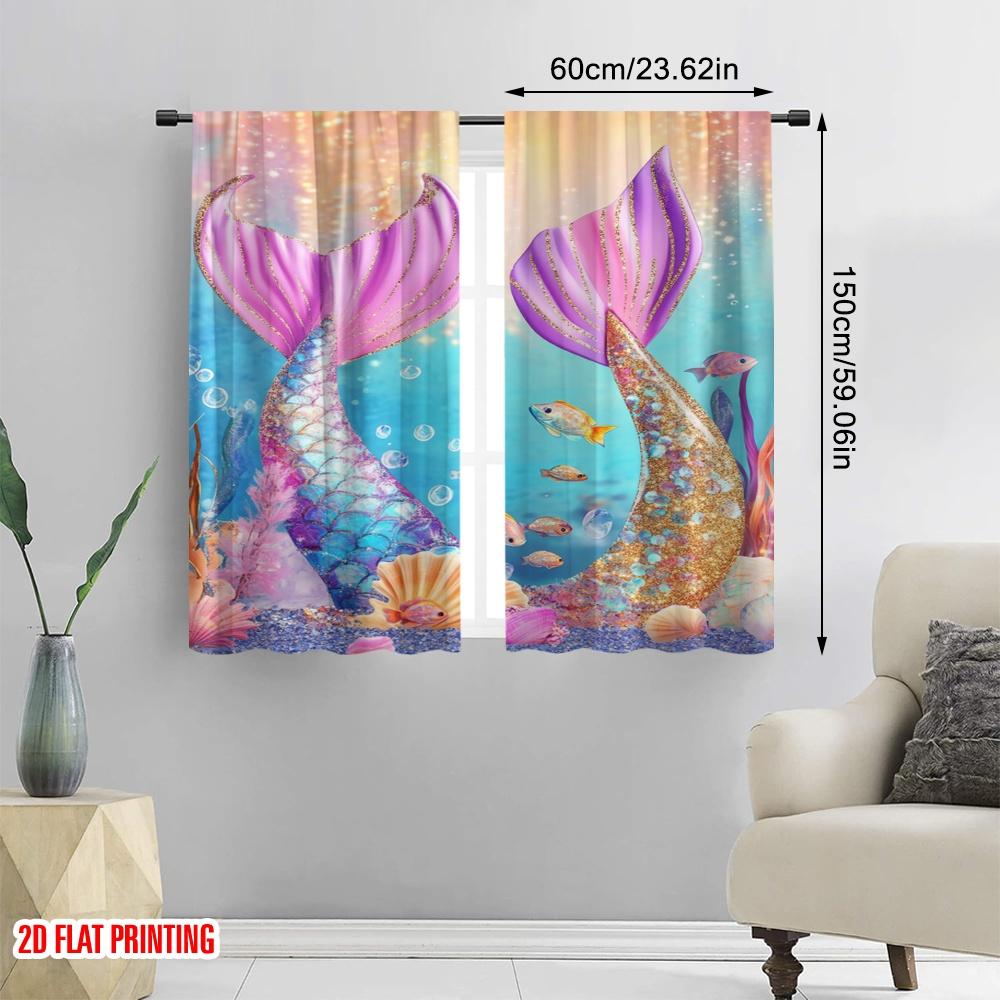 2pcs,2D plane printing Curtains Digital Printed Mermaid Splendor Versatile Polyester (without rod) Decorations For Home Ldeal