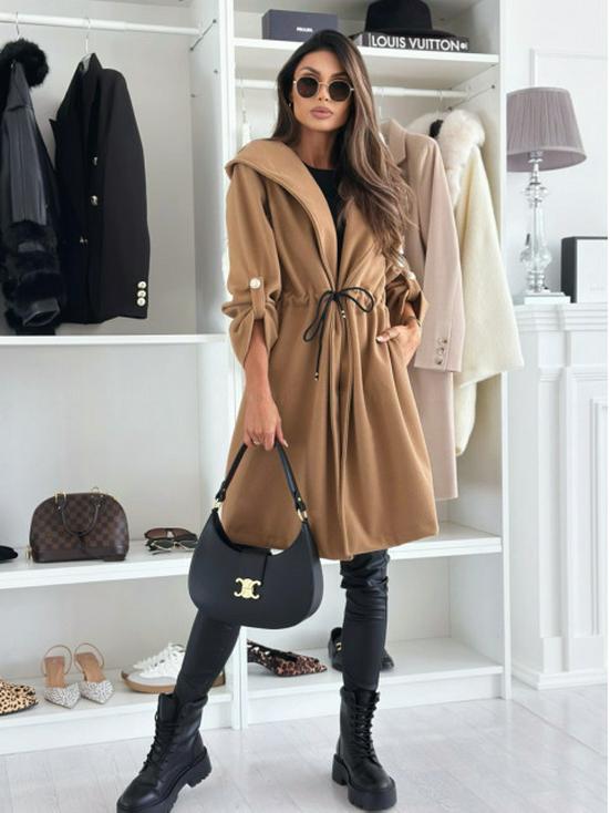 2025 European & American Women's Fashion Lace-Up Hooded Lapel Long Sleeve Coat for Autumn & Winter