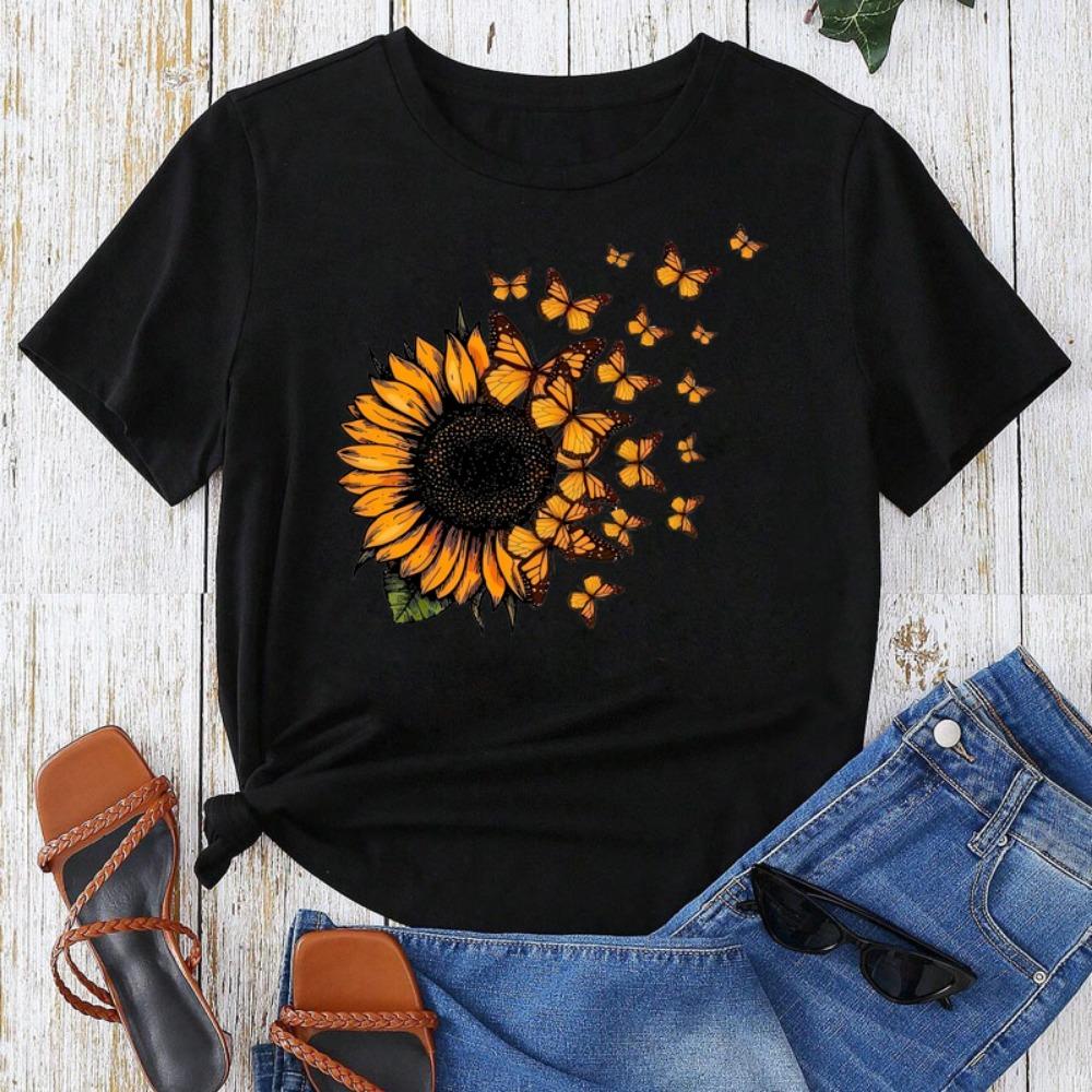 Fjäril Solros Stil Trend Damkläder Mode Grafisk T-shirt Sommar Casual Kortärmad Kvinnlig Basic T-shirts Toppar