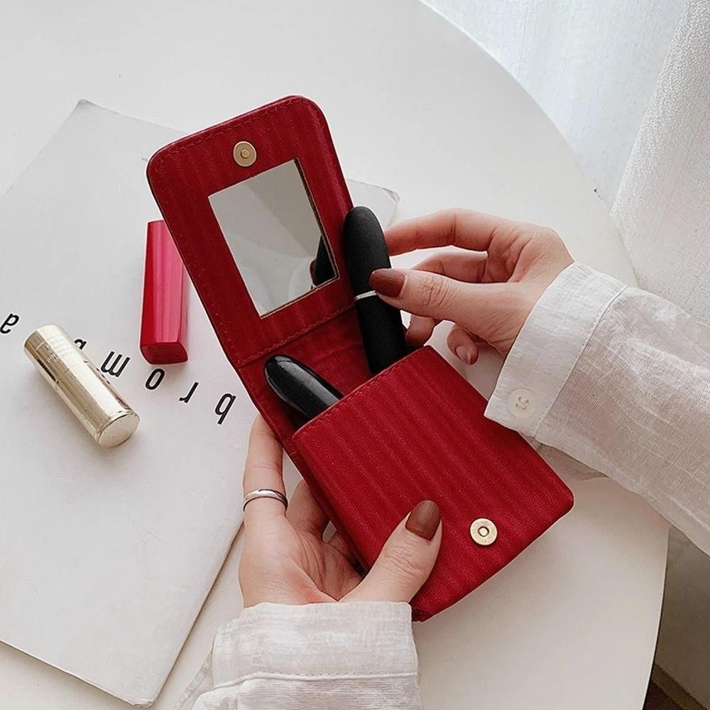 With Mirror Mini Cosmetic Bag Pu Leather Lipstick Storage Bag Travel Supplies Lipstick Bag  Girls