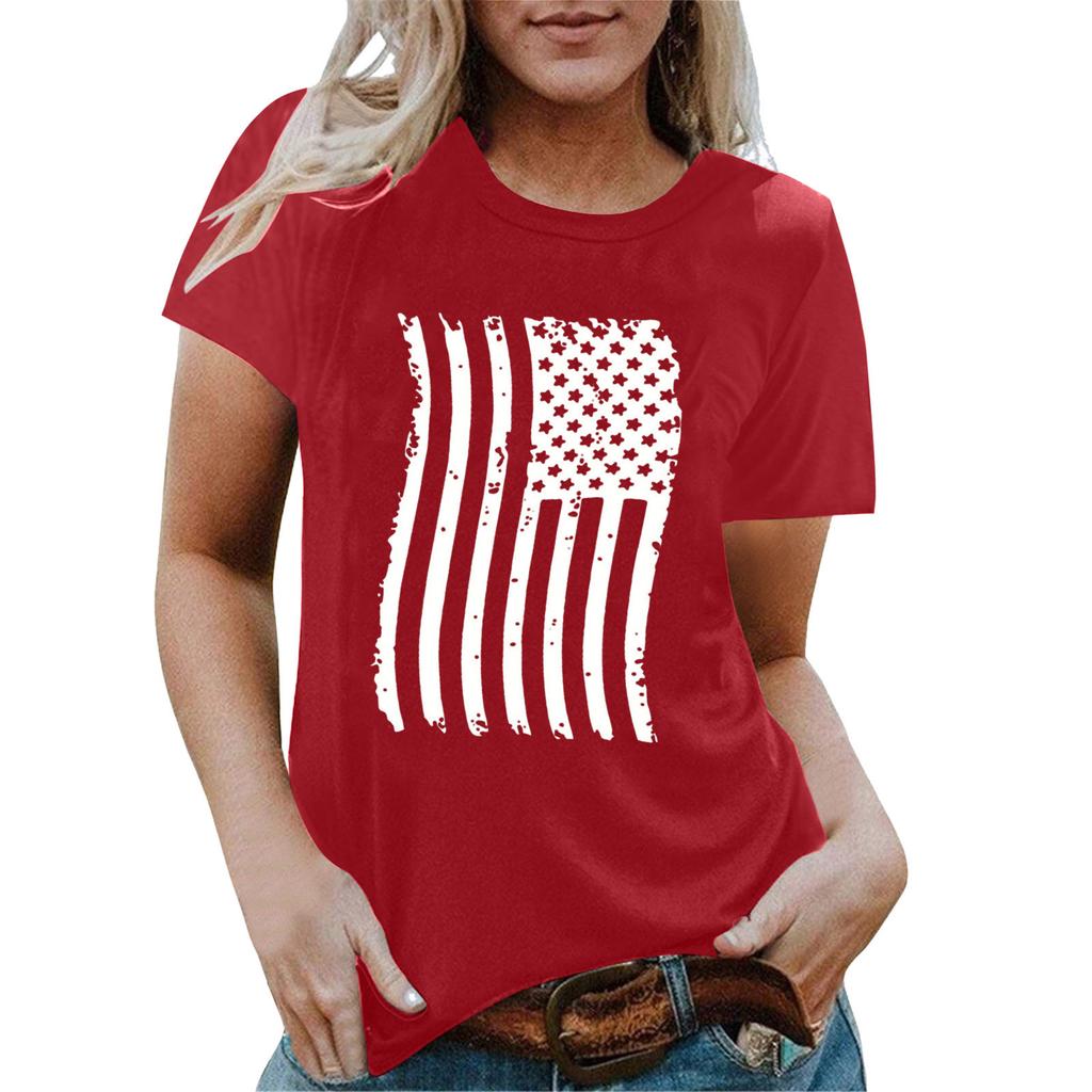 Real Shot Amazon Independence Station Cross-border European, American Independence Day Printed Short Sleeve Top Women's Summer Outer Bottom Shirt