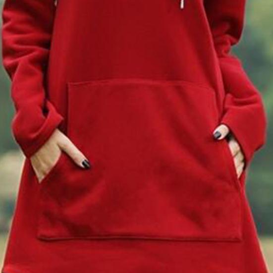 Long Hoodie Solid Color Drawstring Autumn Winter Large Pocket Irregular Hem Hooded Dress for Daily Wear