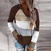 Women Casual Fashion V-Neck Long Sleeves Hooded Patchwork Sweater Blouse Tops