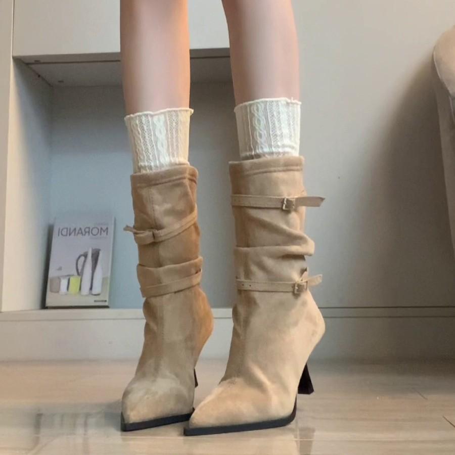Temperament version~ pointed temperament retro pleated piled boots thin heel western boots high heel short boots women's thin boots