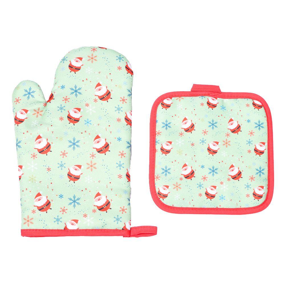 

2pcs/set Xmas Supplies Baking Santa Claus Anti-Hot Pad Oven Mitts Kitchen Mat Microwave Gloves green