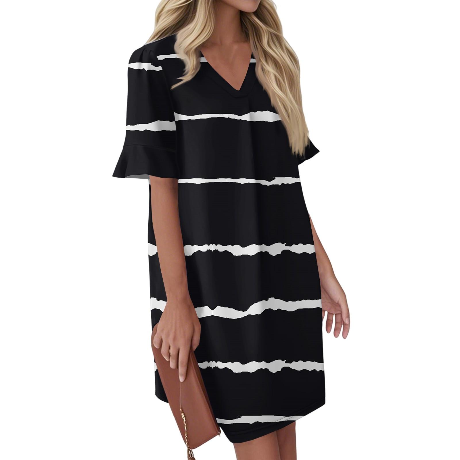 

Женское летнее платье с полосатым принтом, плиссированное, с коротким рукавом, V-образным вырезом, карманом и завязкой, повседневное платье XXL чёрный