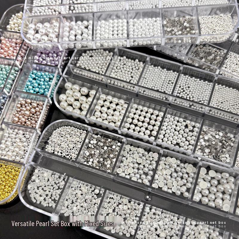 12 Grids Colorful Pearl Nail Art Decorations: Mixed Size White Pearls, Full & Half Round