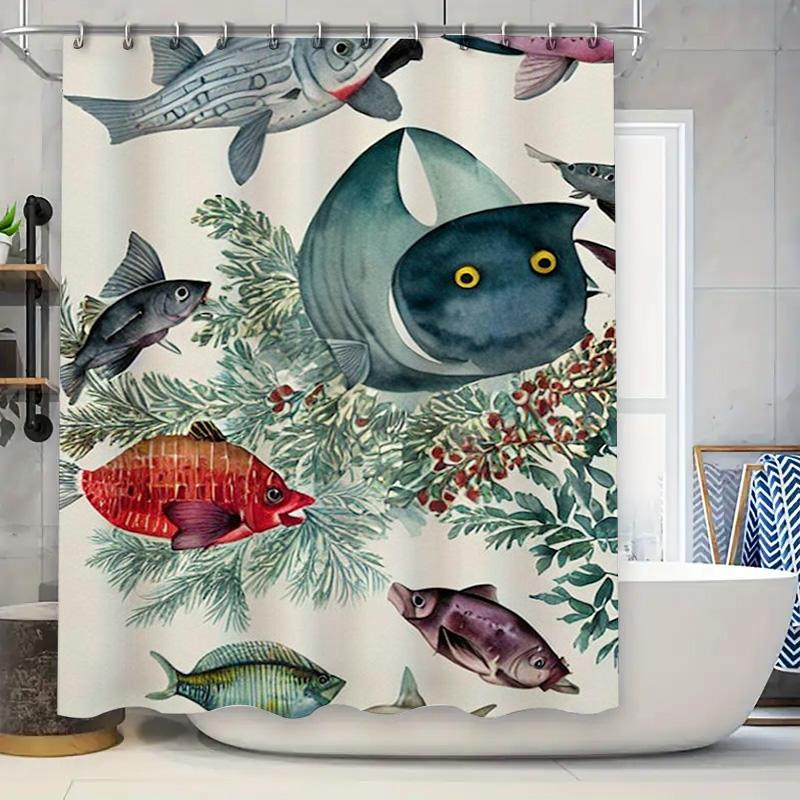 

Underwater World Fish Shower Curtain Green Leaf Red Flower Design For Bathroom Decorations Waterproof Fabric With Hooks W60H190(CM)-1 Pcs