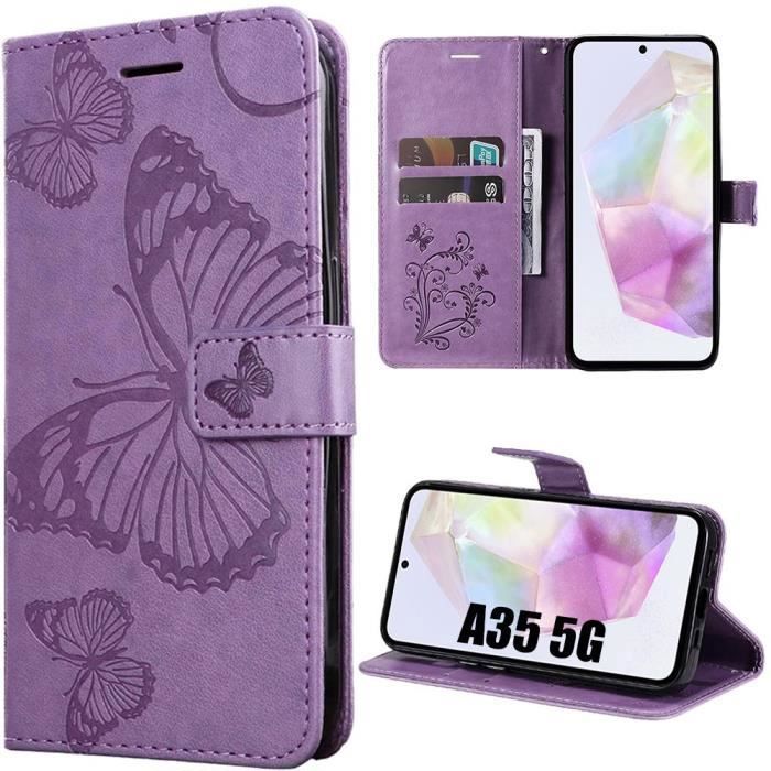 Coque de protection - BOOLING - Samsung Galaxy A35 5G - Violet - Motif papillon - Fentes pour cartes